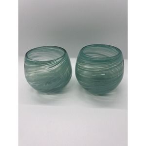 Anthropologie Hand Blown Glass Candle Holder Made In Mexico Pair NEW Green Swirl